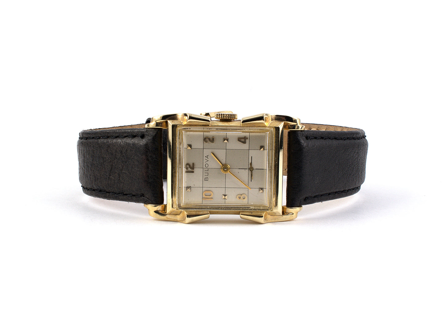 61206 - Circa1950s Bulova Gold Tank Watch Black Leather Strap