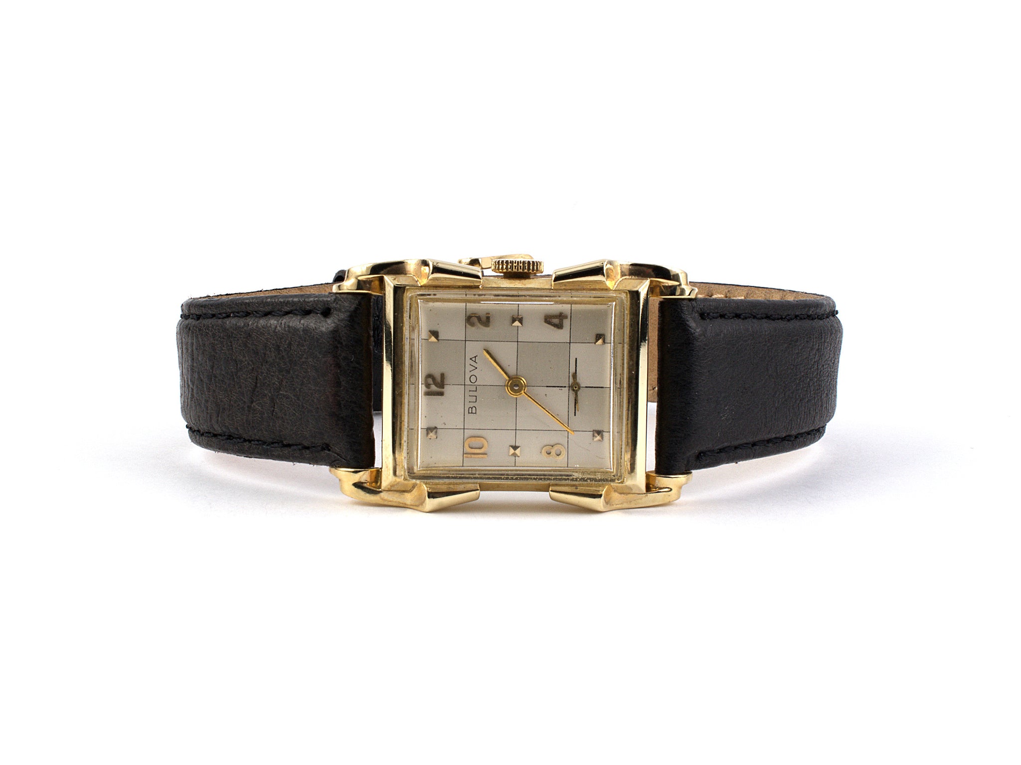 61206 Circa1950s Bulova Gold Tank Watch Black Leather Strap