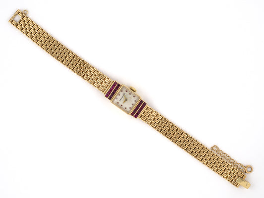 61214 - SOLD - Circa 1950s Tiffany Movado Gold Ruby Square Watch