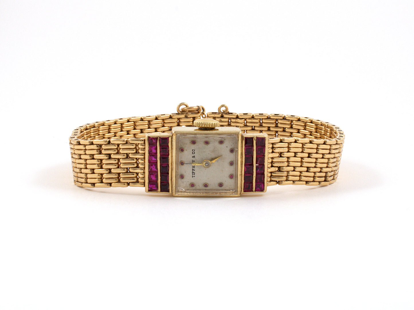 61214 - SOLD - Circa 1950s Tiffany Movado Gold Ruby Square Watch