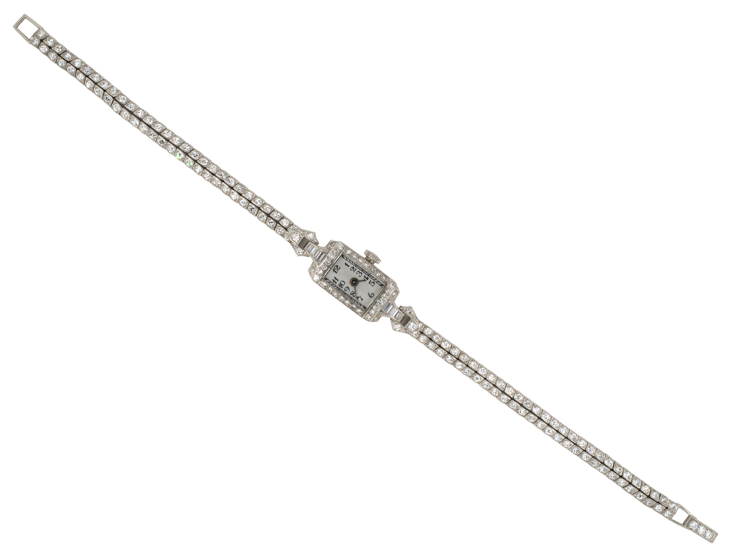 61313 - Art Deco Accura Platinum Diamond Swiss Movement 2-Row Diamond Bracelet Watch