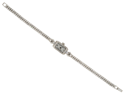 61313 - Art Deco Accura Platinum Diamond Swiss Movement 2-Row Diamond Bracelet Watch