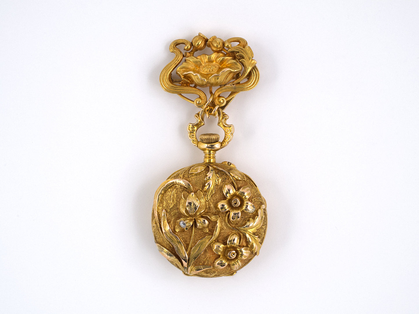 61333 - SOLD - Art Nouveau Gold Diamond Floral Chatelaine Pendant Watch