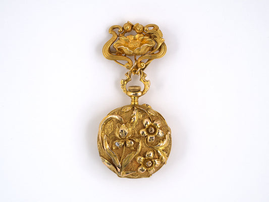 61333 - SOLD - Art Nouveau Gold Diamond Floral Chatelaine Pendant Watch