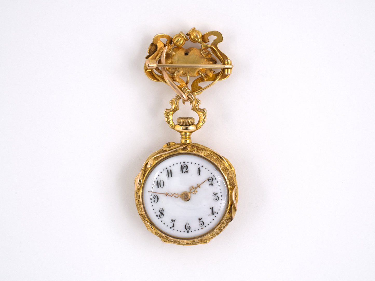 61333 - SOLD - Art Nouveau Gold Diamond Floral Chatelaine Pendant Watch