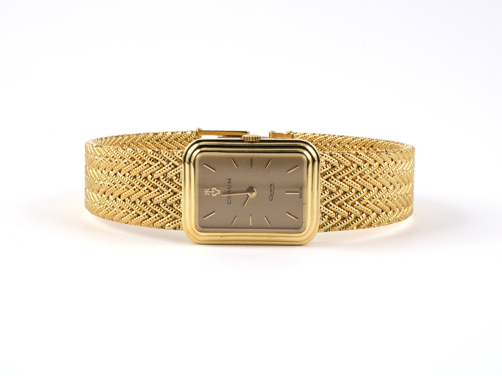 61364 Corum Gold Quartz Ladies Watch Herringbone Mesh Attachment Durland Co