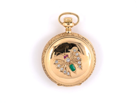 61365 - Circa 1900 Lady Waltham American Waltham Watch Co Gold Diamond Emerald Ruby Butterfly Design Pendant Watch