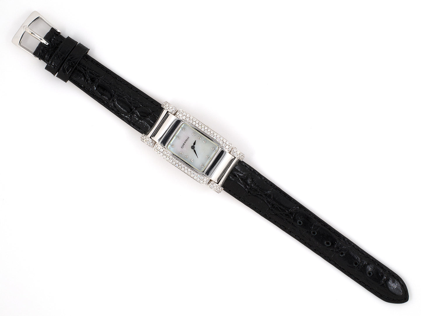 61377 - Garavelli Italy Gold Diamond Rectangular Tank Style Watch With Black Crocodile Strap