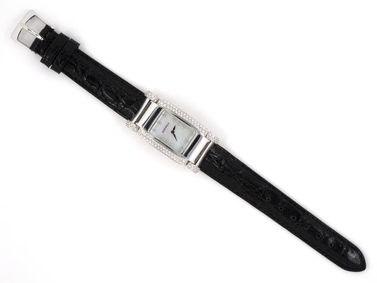 61377 - Garavelli Italy Gold Diamond Rectangular Tank Style Watch With Black Crocodile Strap