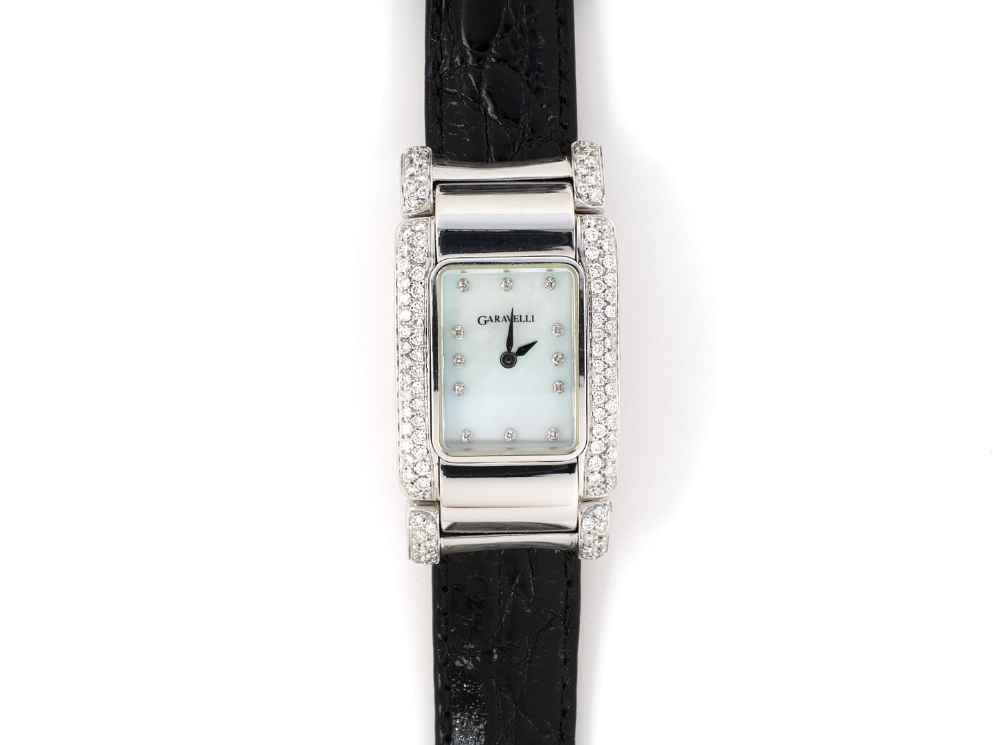 61377 - Garavelli Italy Gold Diamond Rectangular Tank Style Watch With Black Crocodile Strap