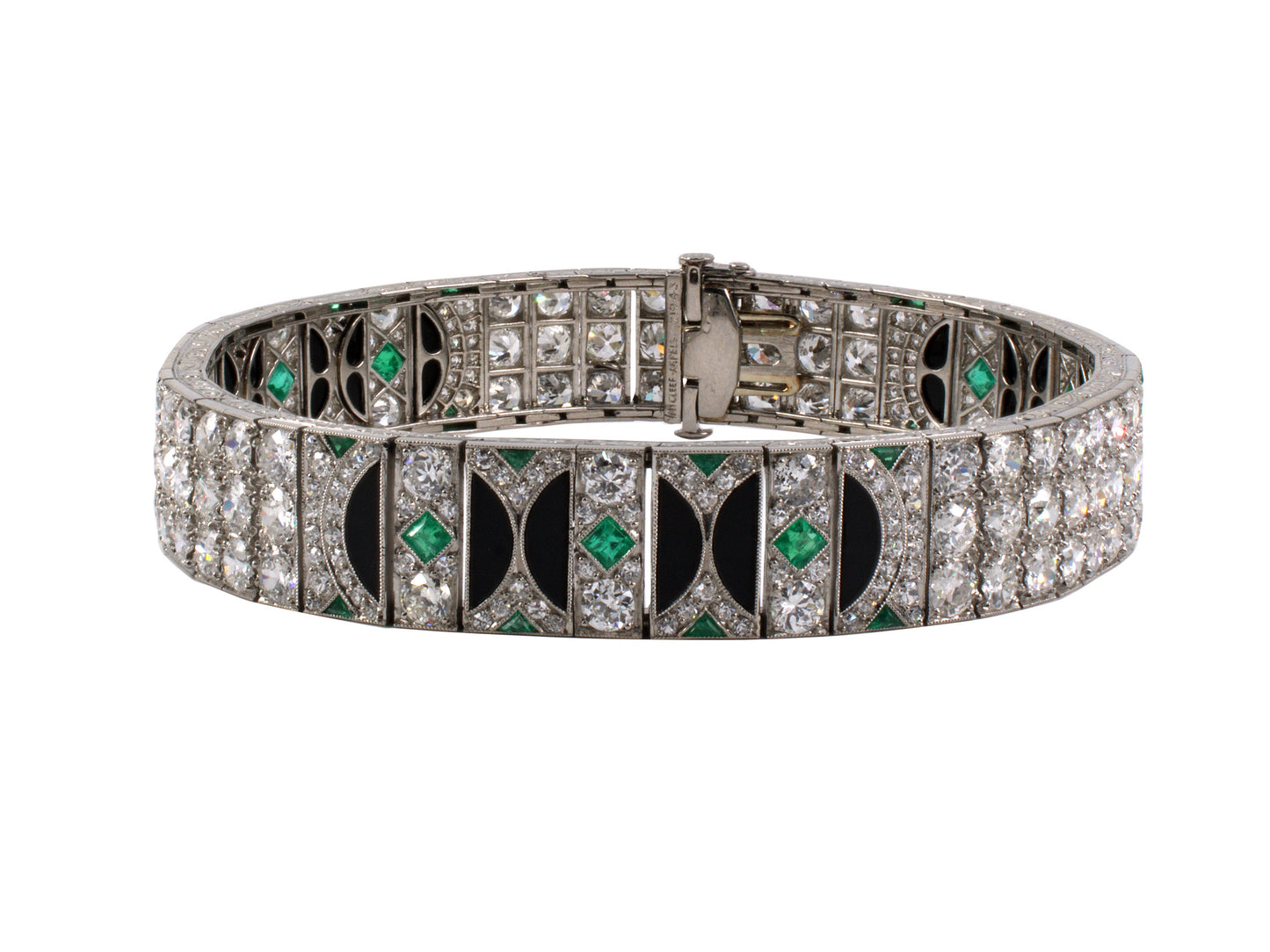 70795 - Art Deco Van Cleef & Arpels Platinum Diamond Emerald Onyx Bracelet