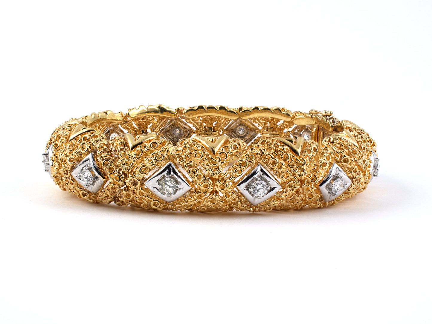 70940 - Circa 1970 Gold Diamond  Flexible Domed Bracelet
