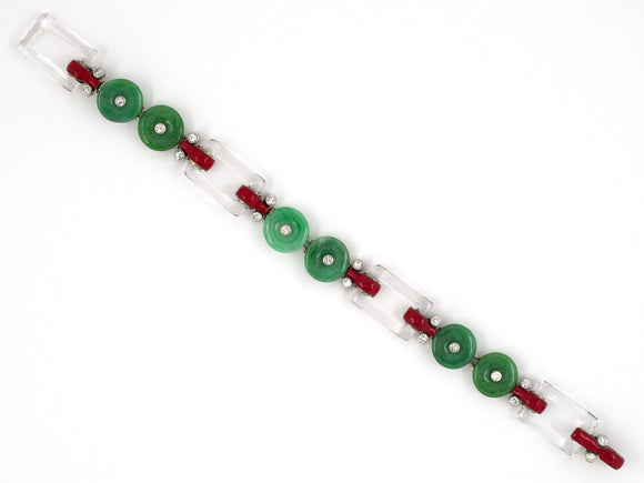 70986 - Art Deco Cartier Platinum Diamond Jadeite Crystal Red Enamel Bracelet