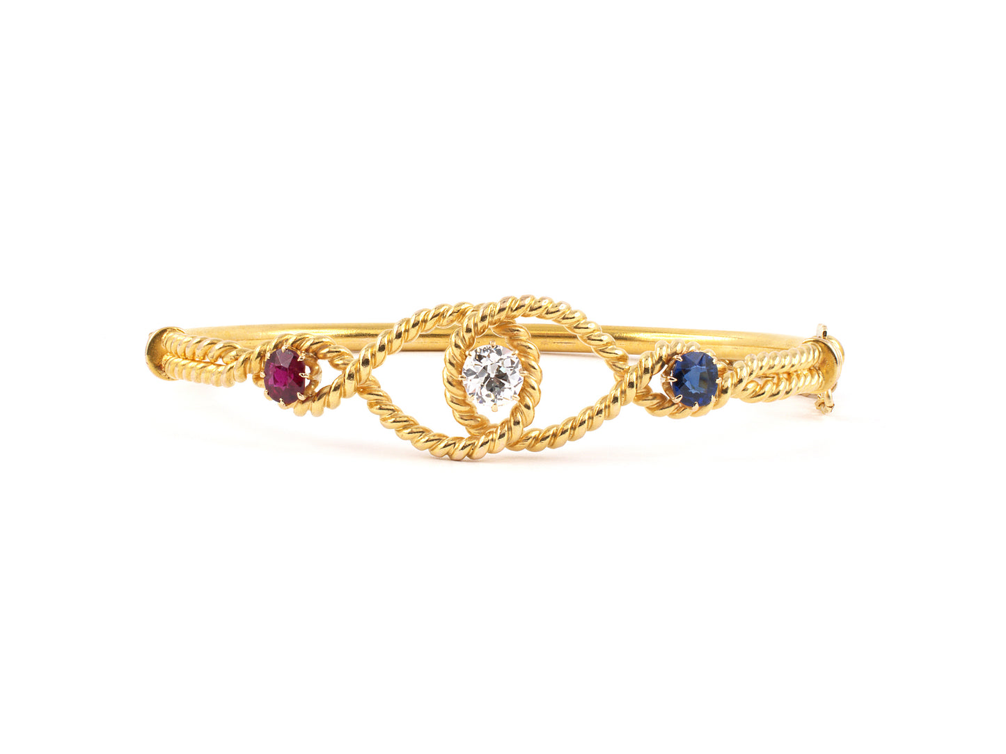 71073 - SOLD - Victorian Gold Diamond Ruby Saph Weave Bangle Bracelet