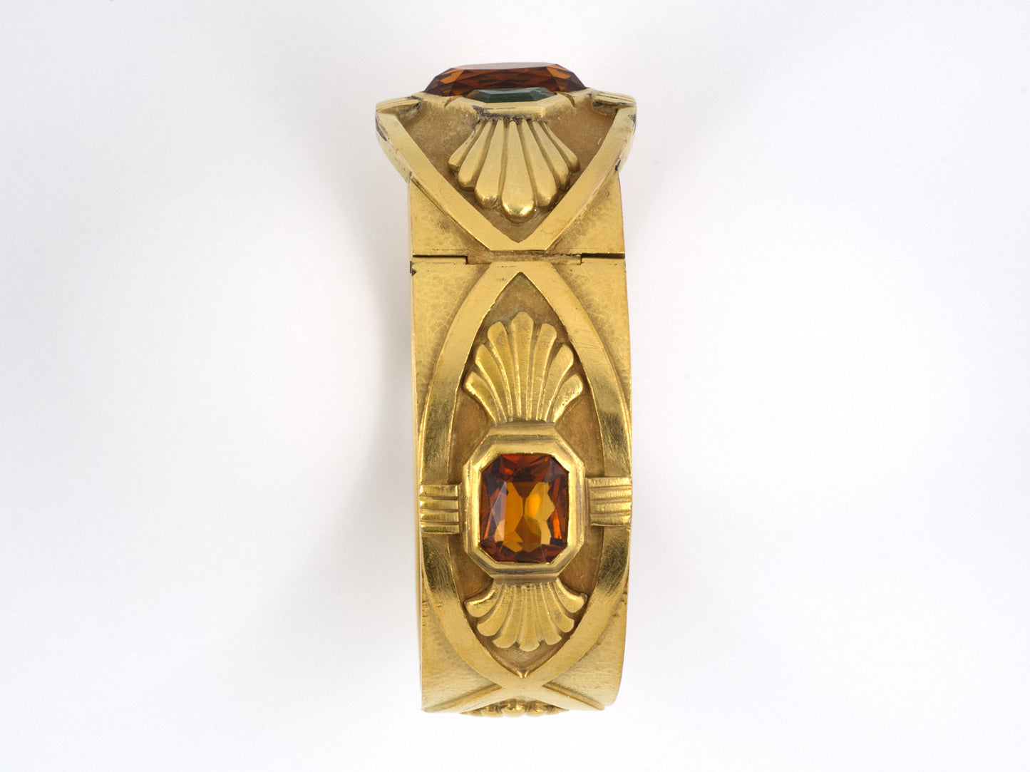 71772 - Art Deco Egyptian Revival Manz Gold Citrine Tourmaline Double Hinged Bangle Bracelet