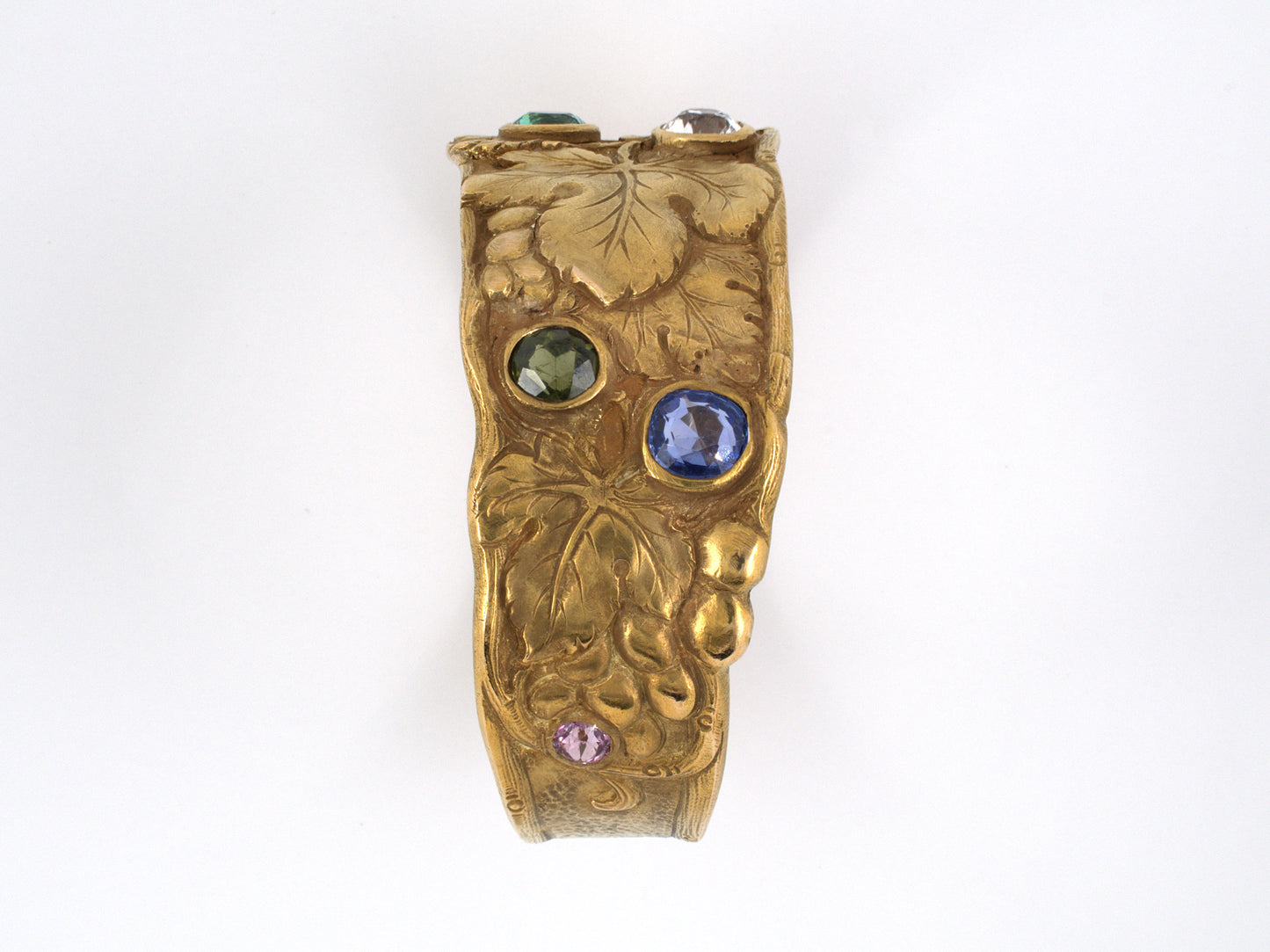 71773 - Art Nouveau Manz Gold Sapphires, Peridot, Zircon, Garnet, Amethyst Grape Leaf Cuff Bracelet
