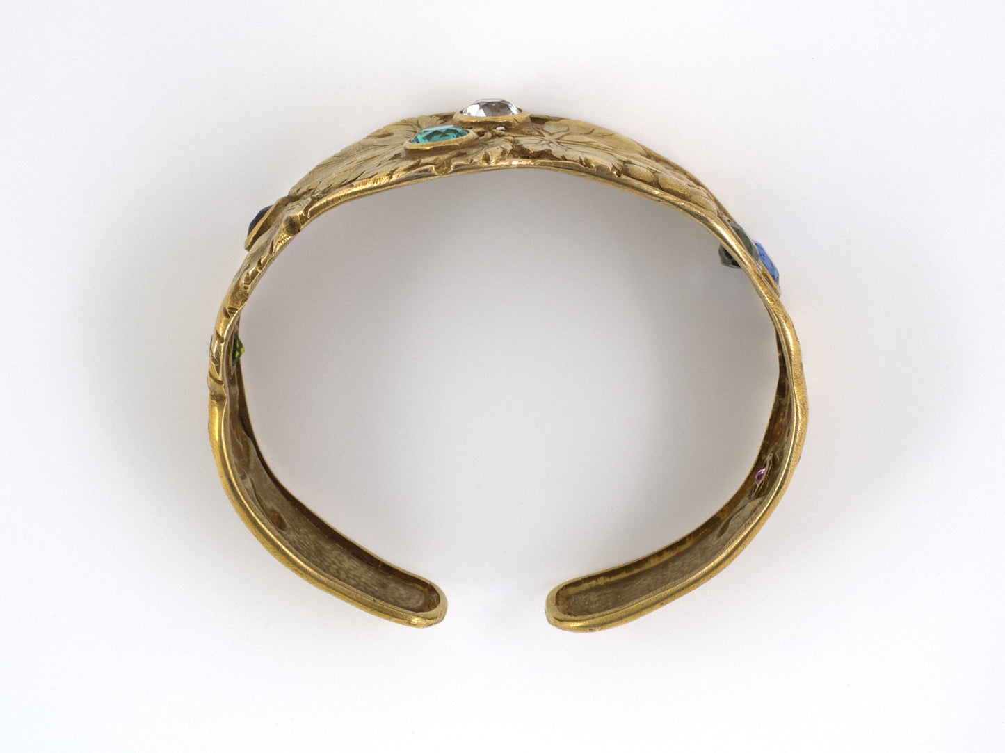 71773 - Art Nouveau Manz Gold Sapphires, Peridot, Zircon, Garnet, Amethyst Grape Leaf Cuff Bracelet