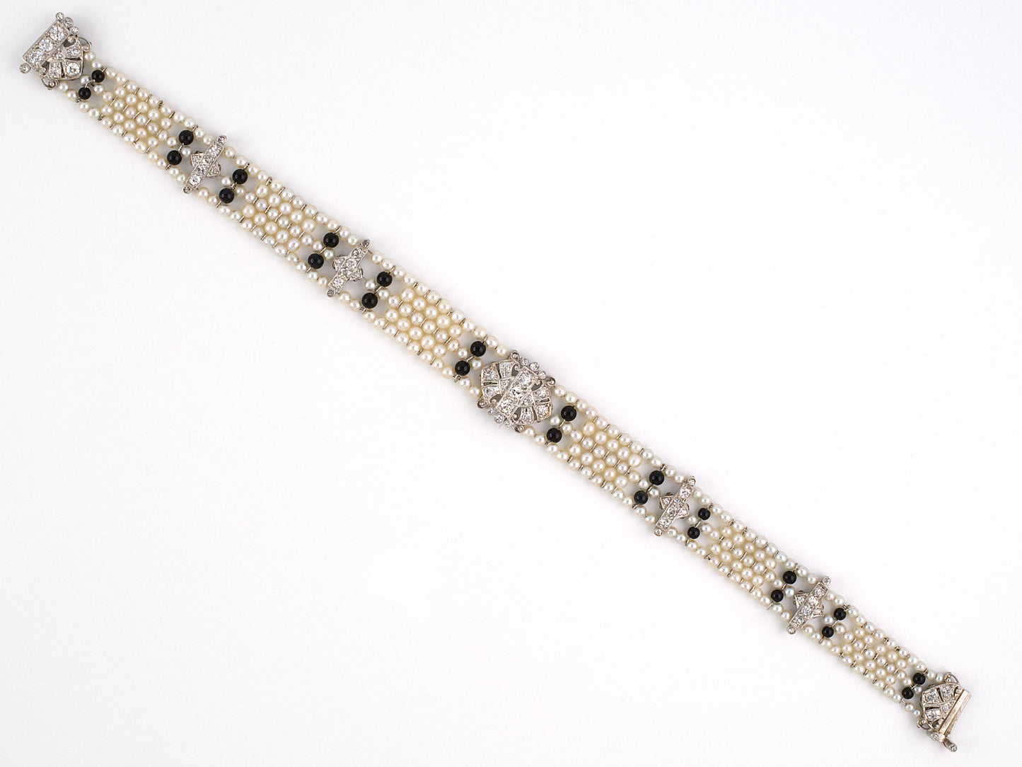 71839 - Edwardian Platinum Black Onyx GIA Natural Pearl Bracelet