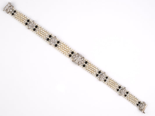 71839 - Edwardian Platinum Black Onyx GIA Natural Pearl Bracelet