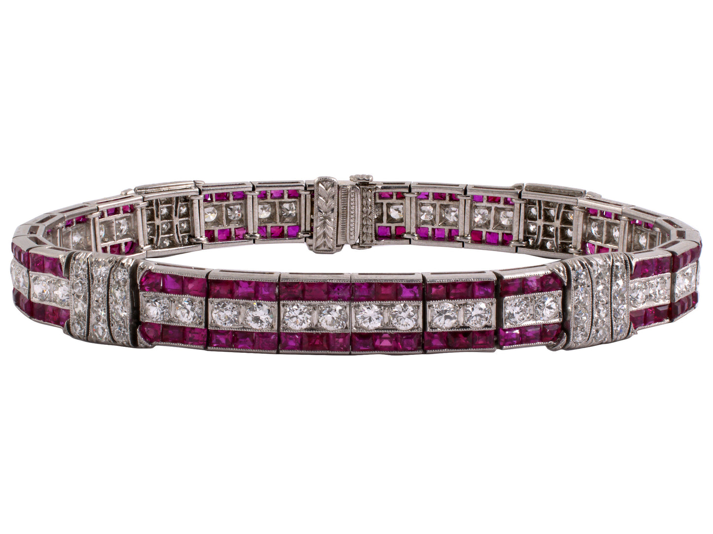 71841 - Art Deco Tiffany Platinum Diamond Burma Ruby Bracelet