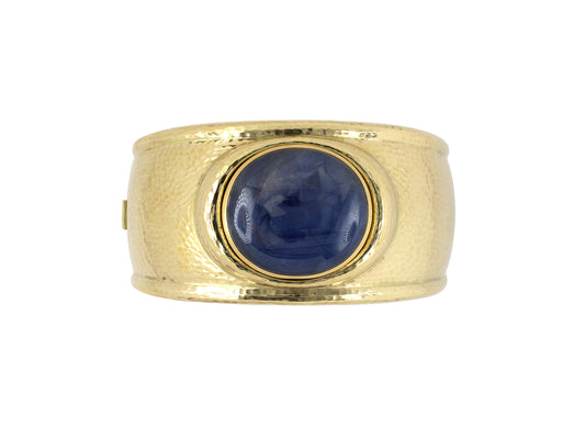 72286 - SOLD - Circa 1998 De Vroomen Gold Sapphire Hammered Bangle Bracelet