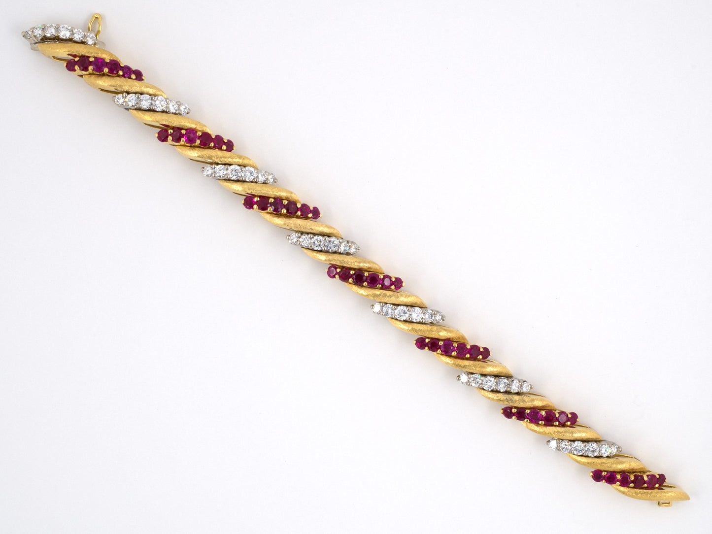 72345 - SOLD - Circa 1965 Platinum Gold Diamond Ruby Florentine Bracelet