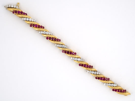 72345 - SOLD - Circa 1965 Platinum Gold Diamond Ruby Florentine Bracelet