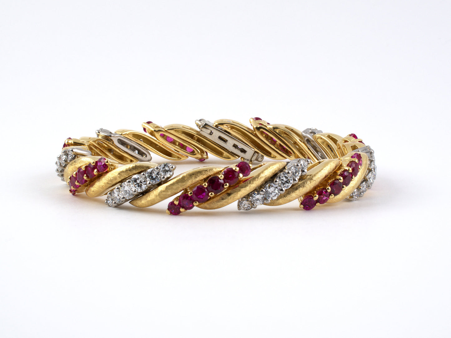 72345 - SOLD - Circa 1965 Platinum Gold Diamond Ruby Florentine Bracelet