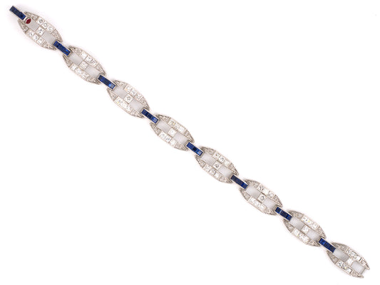 72393 - SOLD - Platinum French Cut Dia Calibre Sapphire Chased Filigree Art Deco 8- Section Open Link Bracelet,  7,  56 Dias