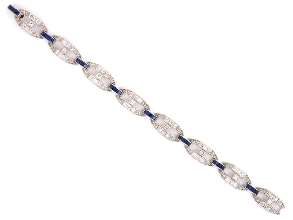 72393 - Platinum French Cut Dia Calibre Sapphire Chased Filigree Art Deco 8- Section Open Link Bracelet,  7,  56 Dias