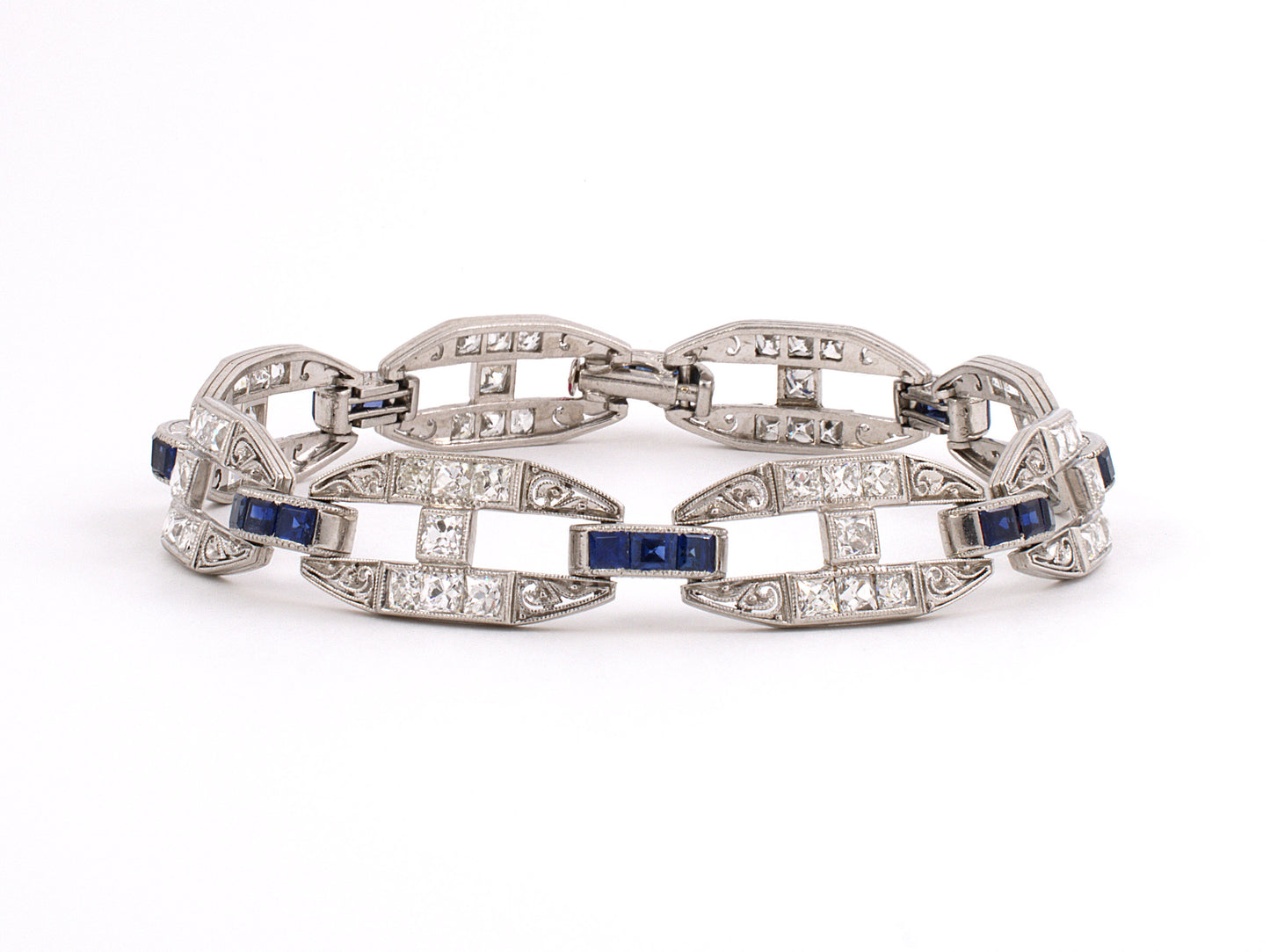 72393 - SOLD - Platinum French Cut Dia Calibre Sapphire Chased Filigree Art Deco 8- Section Open Link Bracelet,  7,  56 Dias