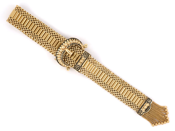 72439 - Circa 1955 Gold Enamel Buckle Tassel Bracelet