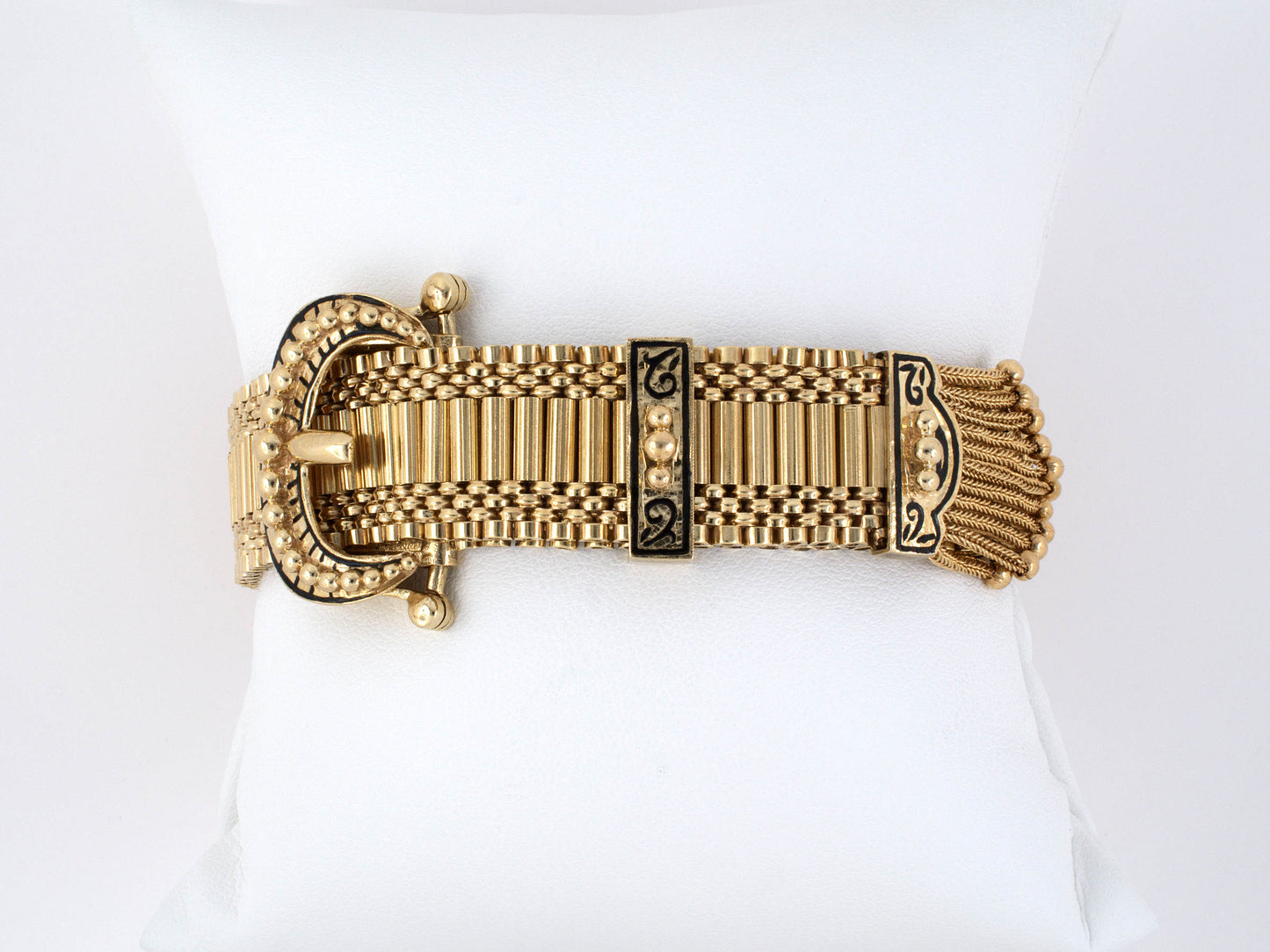 72439 - Circa 1955 Gold Enamel Buckle Tassel Bracelet