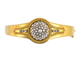 72455 - Victorian Etruscan-Revival Gold1/2-Pearl Hinged Bangle Bracelet