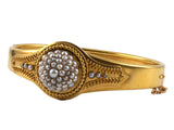 72455 - Victorian Etruscan-Revival Gold1/2-Pearl Hinged Bangle Bracelet