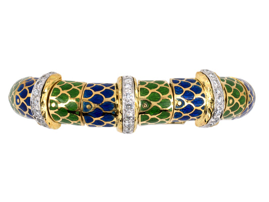 72589 - Platinum Diamond Blue Green Enamel Bangle Bracelet
