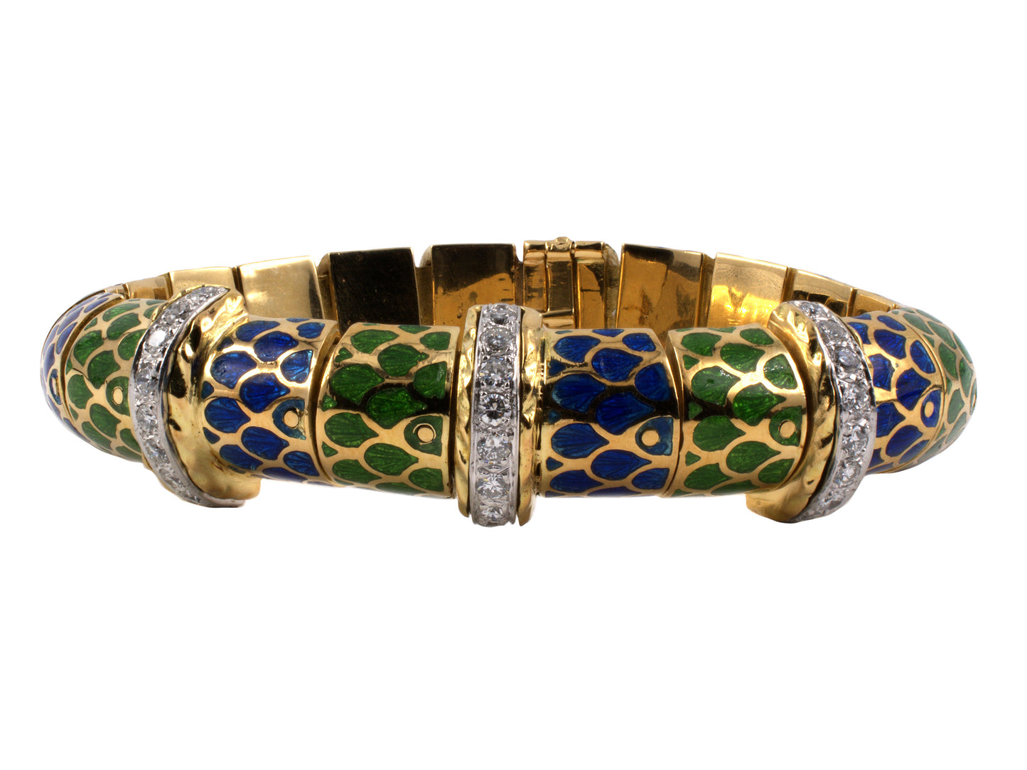 72589 - Platinum Diamond Blue Green Enamel Bangle Bracelet