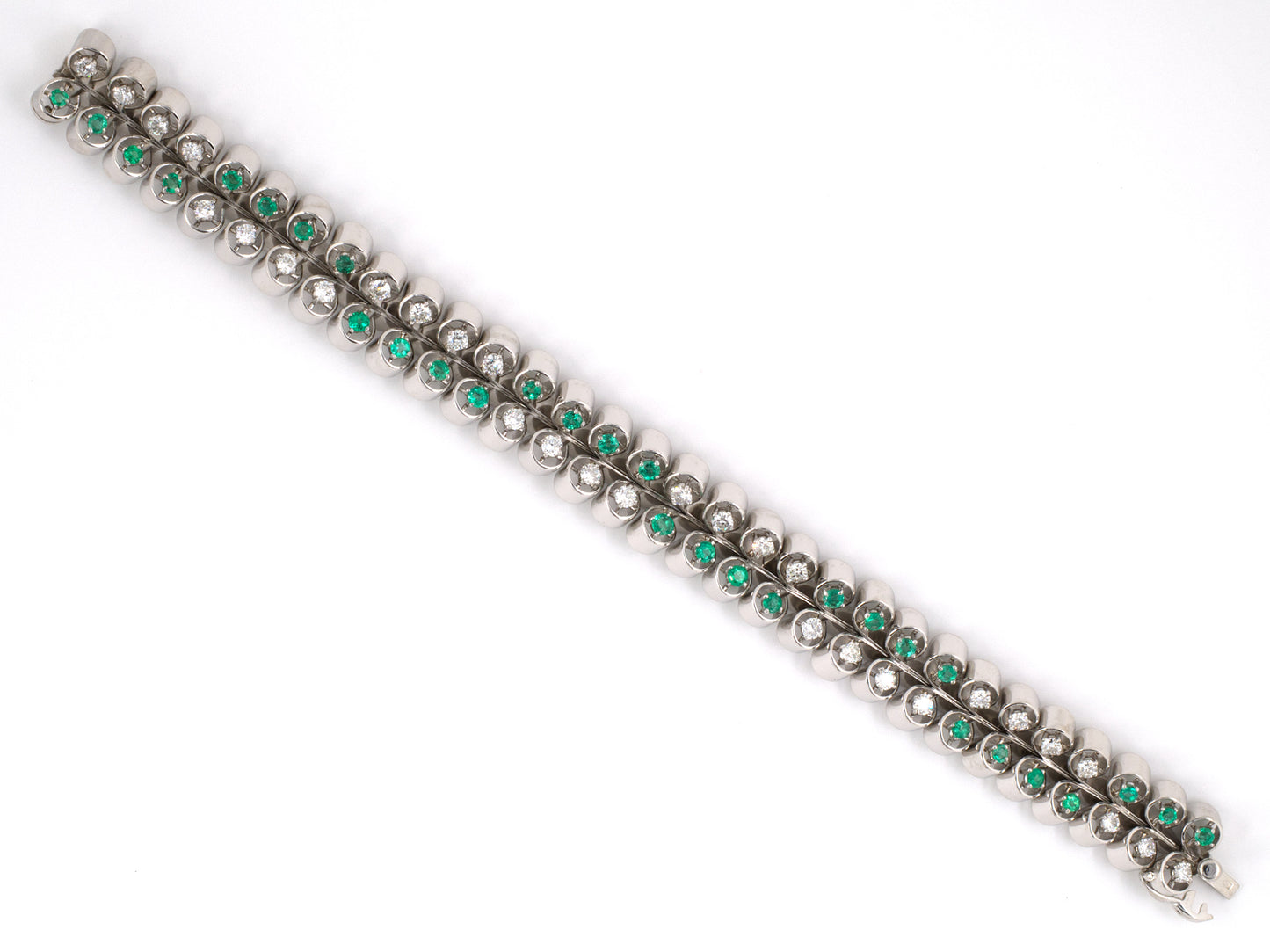 72670 - Circa 1950 French Platinum Diamond Emerald  Bracelet