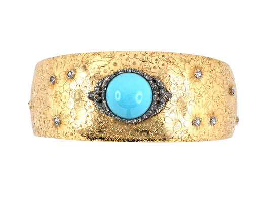72689 - Victorian Gold Platinum Silver Turquoise Diamond Bangle Bracelet