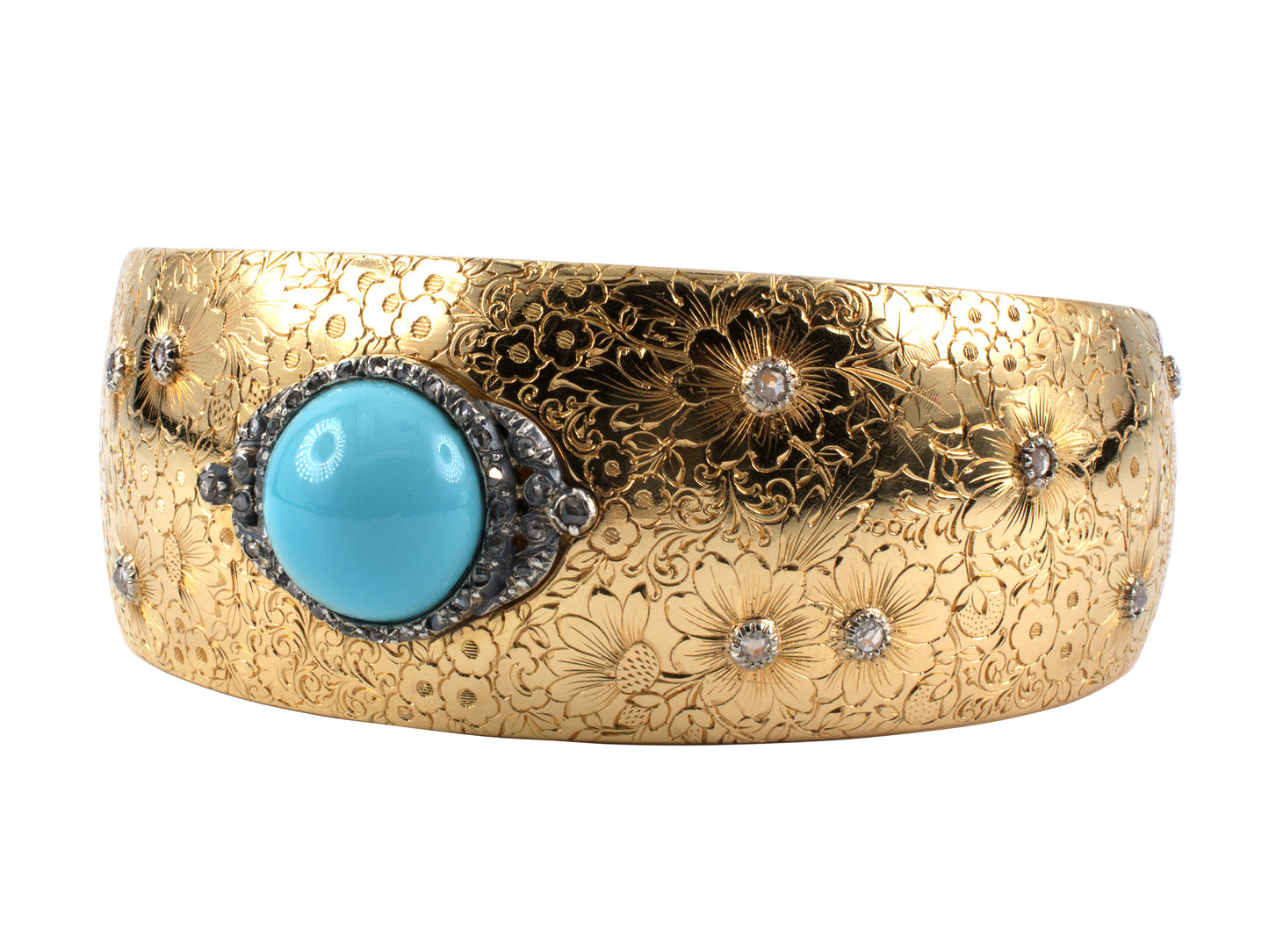 72689 - Victorian Gold Platinum Silver Turquoise Diamond Bangle Bracelet
