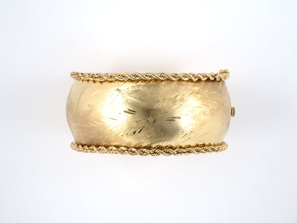 72756 - Circa 1950s Gold Rope Leaf Bangle Bracelet