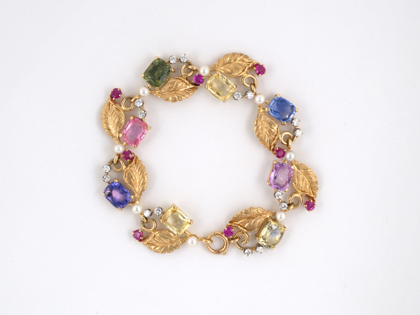 72777 - Retro Tiffany Gold Sapphire Padparadscha Diamond Ruby Pearl Leaf Bracelet
