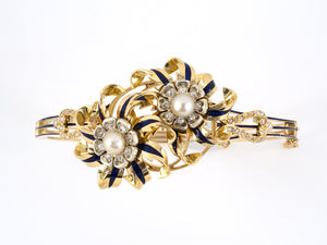 72869 - Victorian Gold Silver Diamond Pearl Enamel Bangle Bracelet