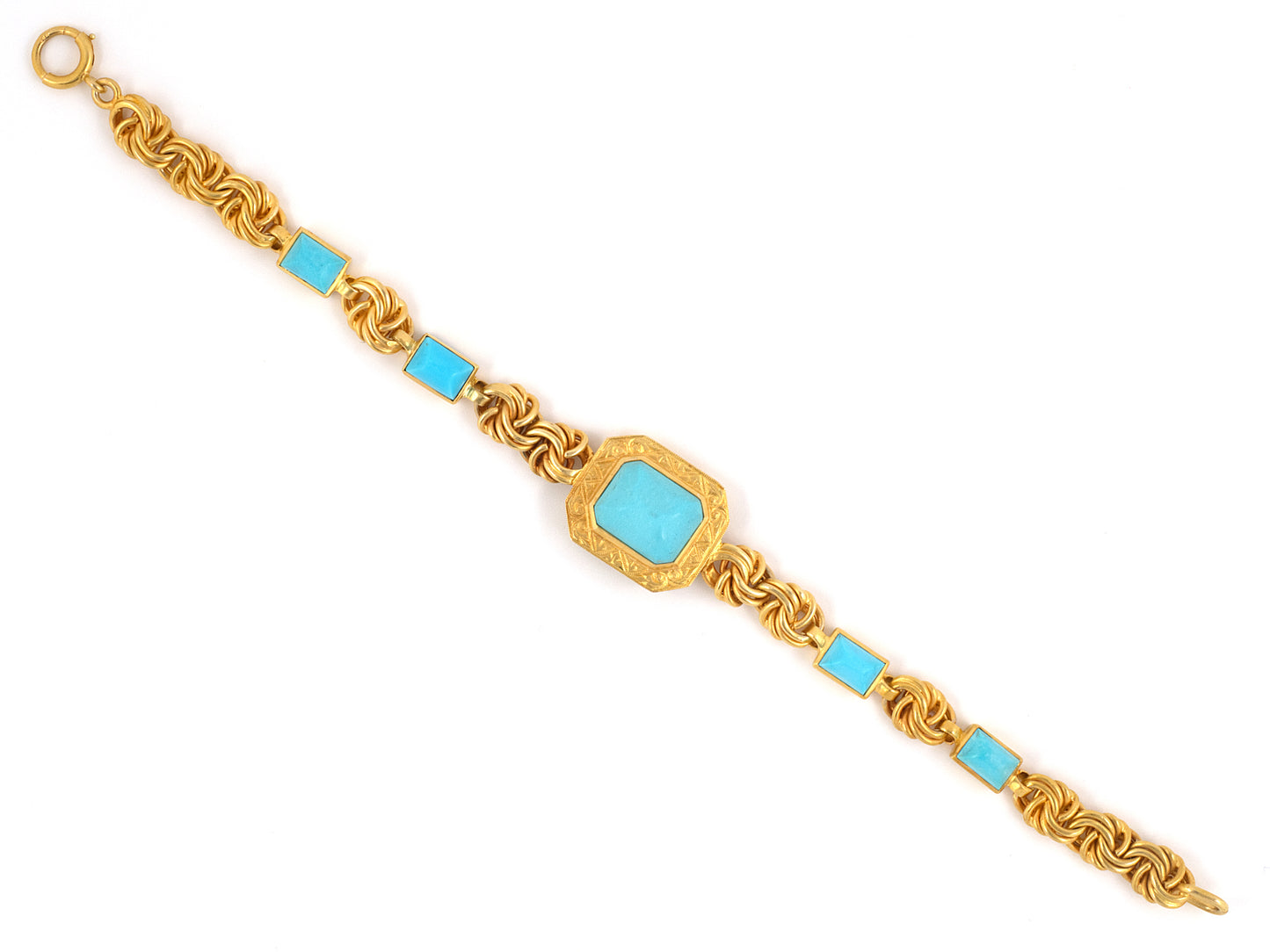 72924 - SOLD - Art Nouveau Gold Turquoise Wire Link Bracelet