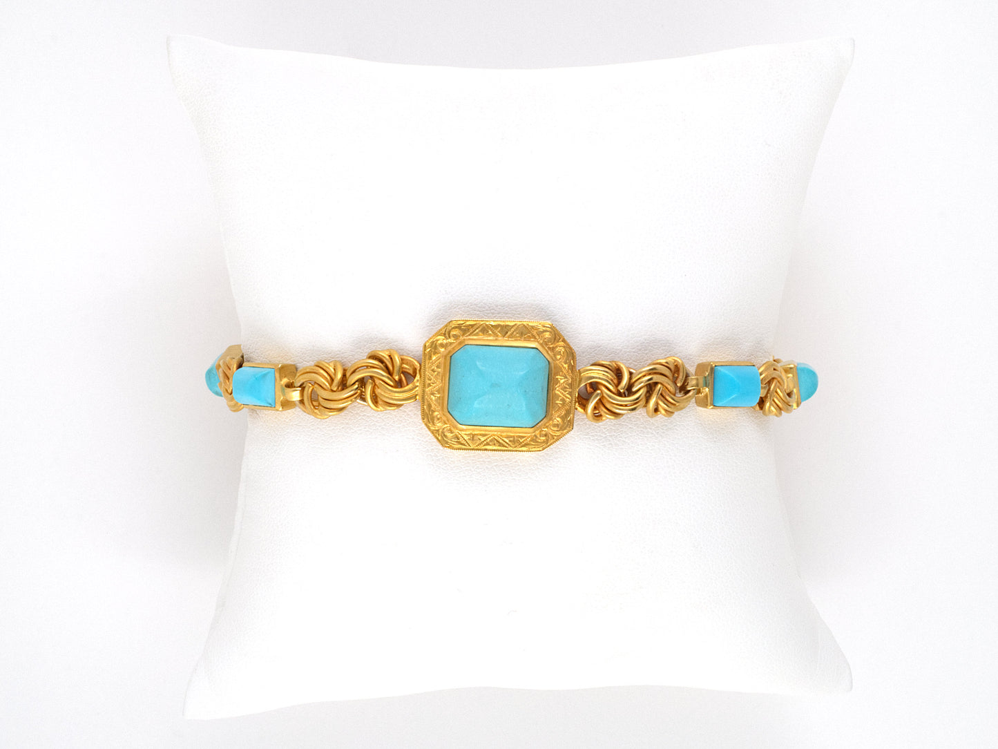 72924 - SOLD - Art Nouveau Gold Turquoise Wire Link Bracelet