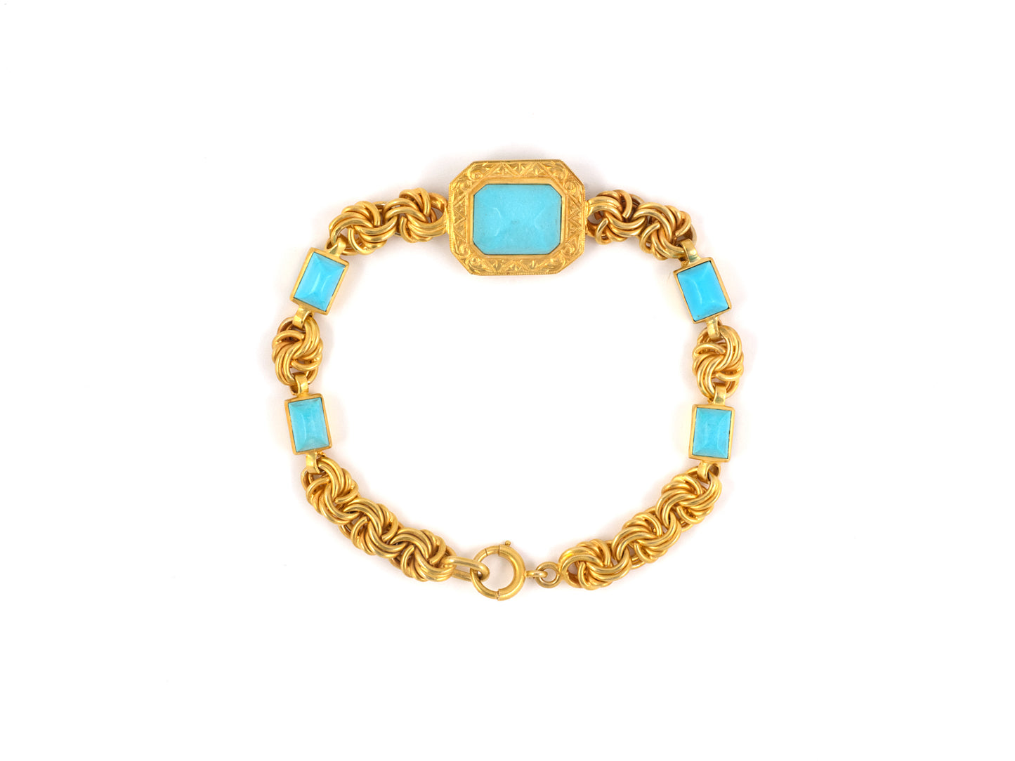 72924 - SOLD - Art Nouveau Gold Turquoise Wire Link Bracelet