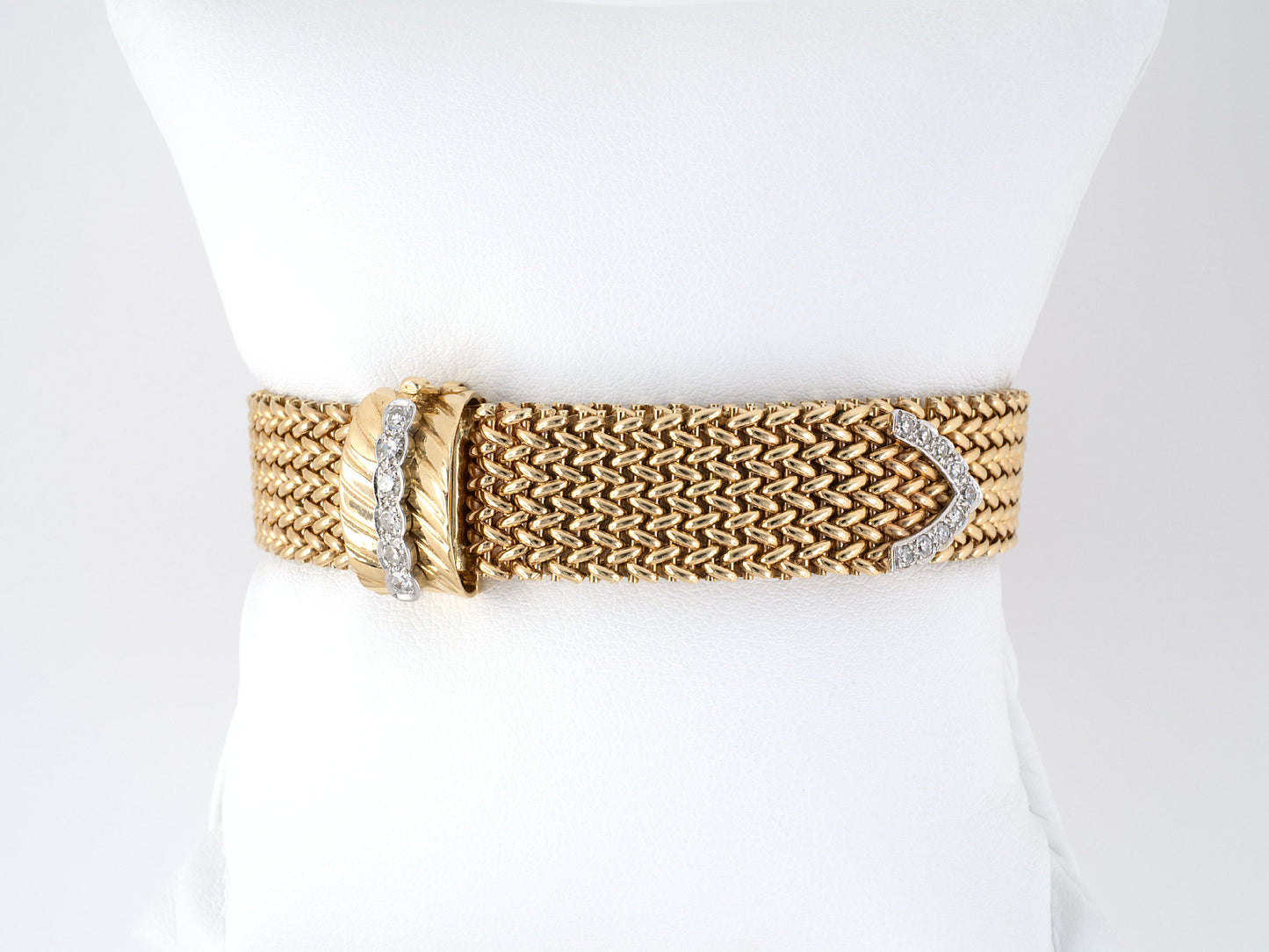 72989 - Circa 1950 Gold Diamond Mesh Buckle Bracelet