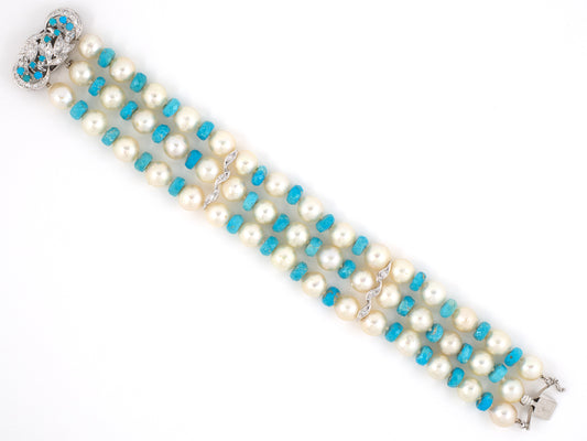 73022 - SOLD - Honora Gold Diamond Pearl Turquoise Bracelet