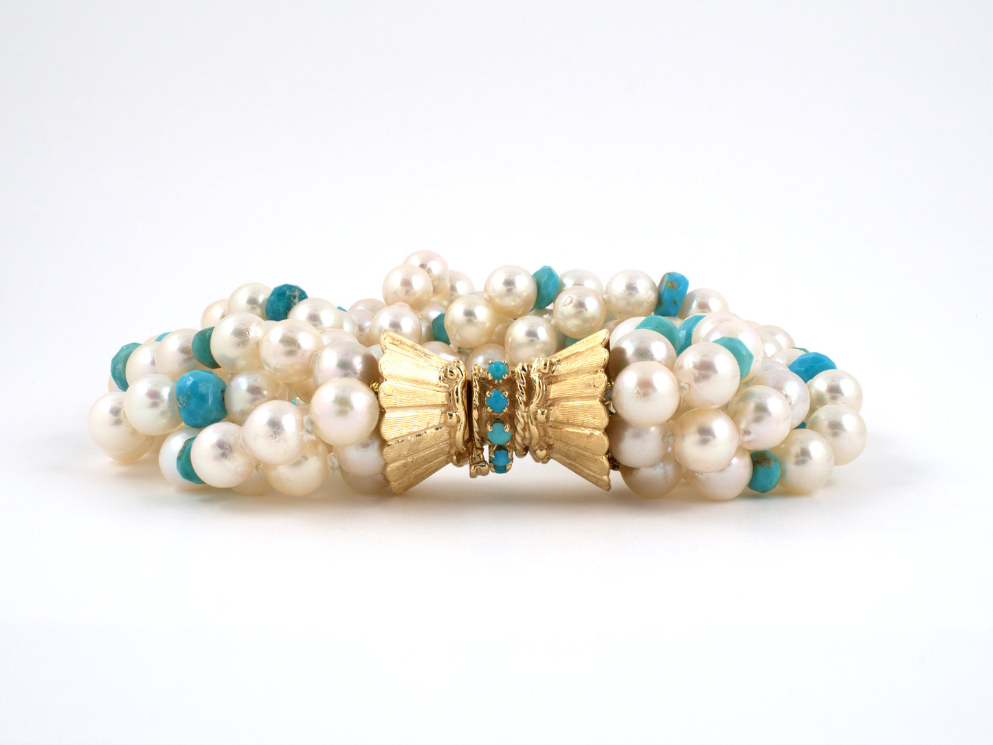 73024 - Gold Akoya Pearl Turquoise Bead Torsade Bracelet