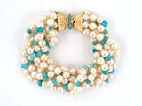 73024 - Gold Akoya Pearl Turquoise Bead Torsade Bracelet